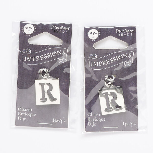 Drop, silver-finished "pewter" (zinc-based alloy) and steel, 16x15mm square with cutout alphabet letter "R." Sold per pkg of 2. image number 0