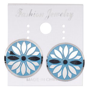 Earstud, stainless steel, blue patina, 20mm round with aster flower design. Sold per pair.