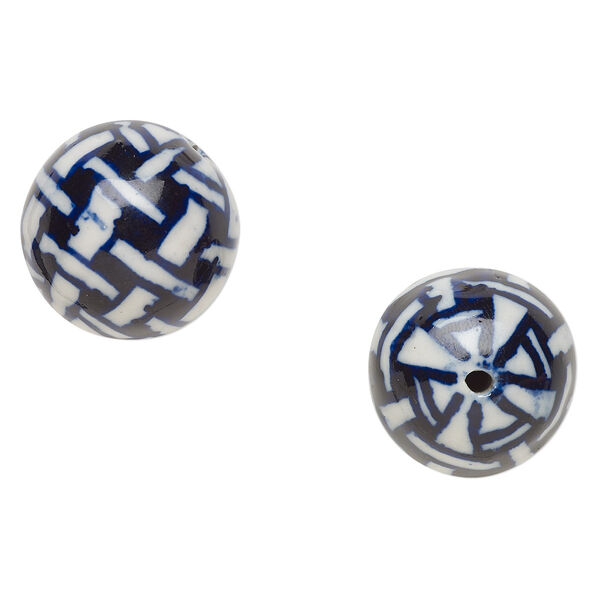 Bead, porcelain, blue and white, 28-29mm round with woven design. Sold per pkg of 2. image number 0