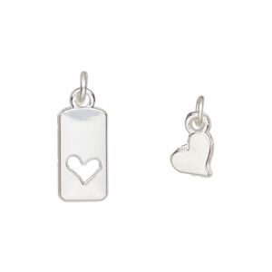 Charm, silver-finished "pewter" (zinc-based alloy) and steel, 15x8mm rectangle with heart cutout design and 8x6mm single-sided flat heart. Sold per pkg of (2) 2-piece sets.