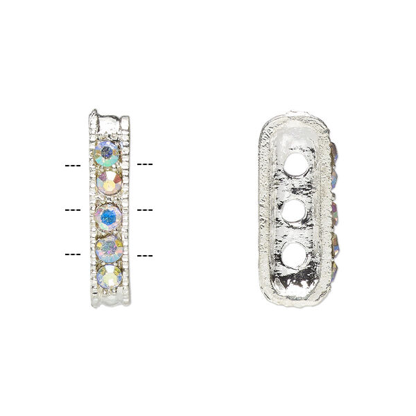 Spacer bar, Egyptian glass rhinestone and imitation rhodium-plated pewter (tin-based alloy), clear AB, 18x3mm 3-strand rectangle, fits up to 3.5mm bead. Sold per pkg of 12. image number 0