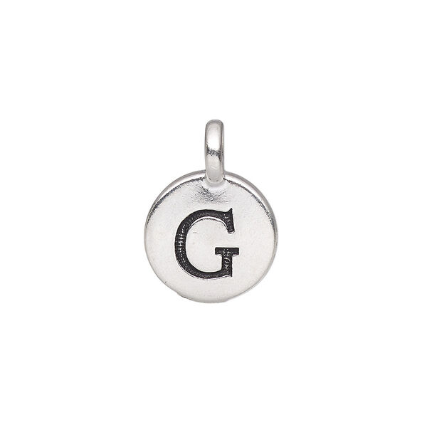 Drop, TierraCast®, antique silver-plated pewter (tin-based alloy), 11.5mm single-sided round with textured alphabet letter "G." Sold per pkg of 2. image number 0