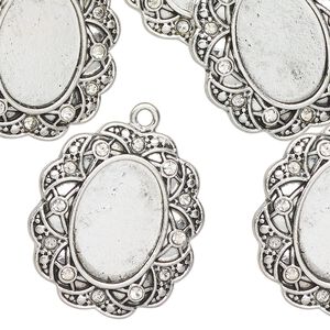 Drop, antique silver finish "pewter" (zinc-based alloy), 26x23mm scalloped oval with 16.5x11.5mm oval setting. Sold per pkg of 6.