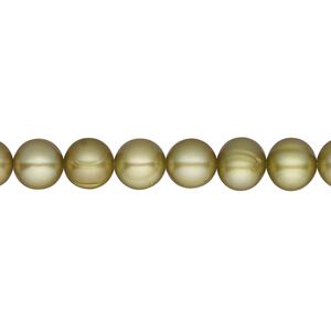 Pearl, cultured freshwater (dyed), light olive green, 5-7mm semi-round, C+ grade, Mohs hardness 2-1/2 to 4. Sold per 15-1/2" to 16" strand.