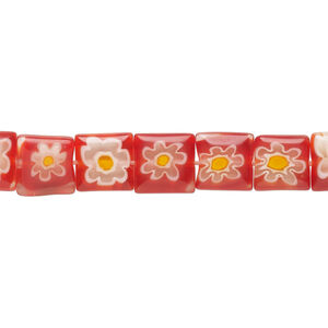 Bead, millefiori glass, translucent red and multicolored, 7mm-9x8mm puffed square with flower design. Sold per 14-inch strand.