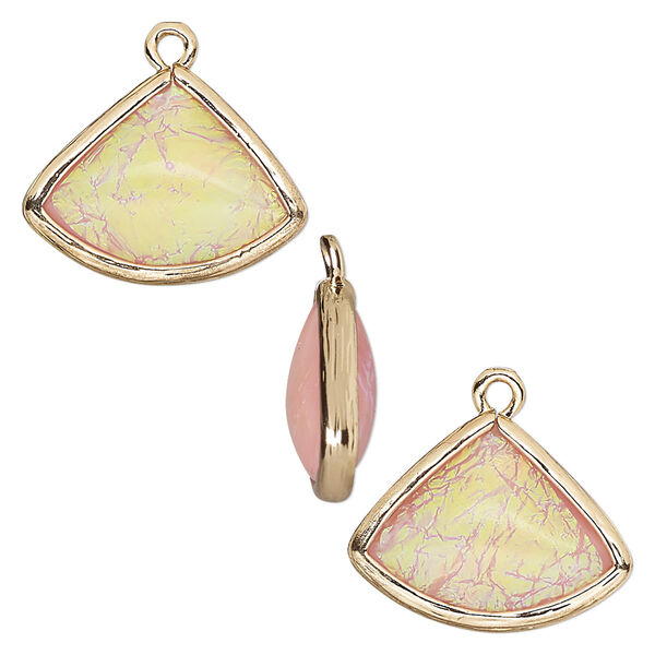 Drop, Opalized Ice™, "opal" (resin) and gold-finished brass, light pink, 19x15mm double-sided fan. Sold per pkg of 4. image number 0