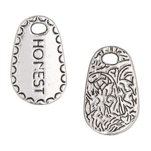 Drop, antique silver-finished "pewter" (zinc-based alloy), 26x16.5mm two-sided flat freeform with "HONEST" and abstract design. Sold per pkg of 2.