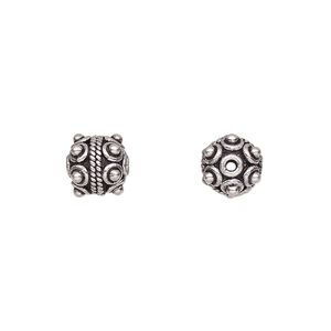 Bead, antiqued sterling silver, 8mm beaded round with scroll design. Sold per pkg of 3.