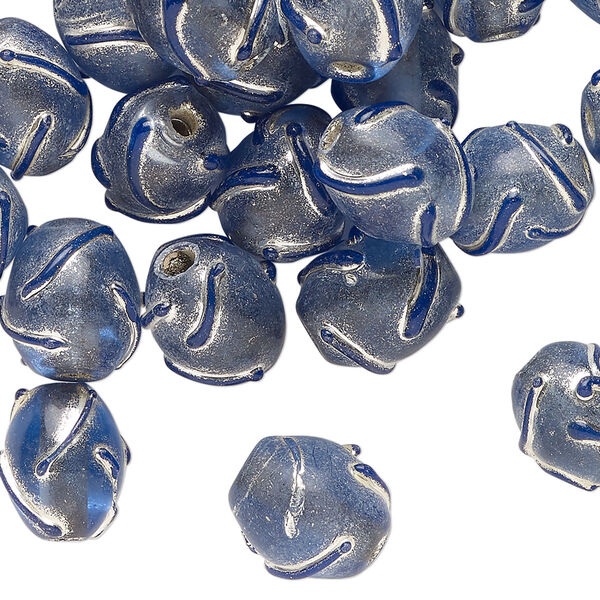 Bead, lampworked glass, translucent light blue and silver, 11x9mm oval with swirl design. Sold per 2-ounce pkg, approximately 40 beads. image number 0