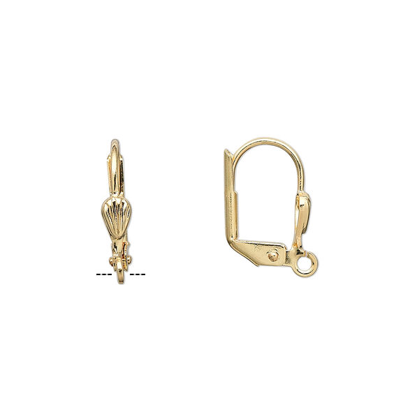 Ear wire, gold-plated brass, 15mm leverback with shell and open loop. Sold per pkg of 5 pairs. image number 0