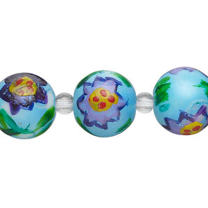 Bead, glass 1pkg8, multicolored, 14mm round with hand-painted sunflower.