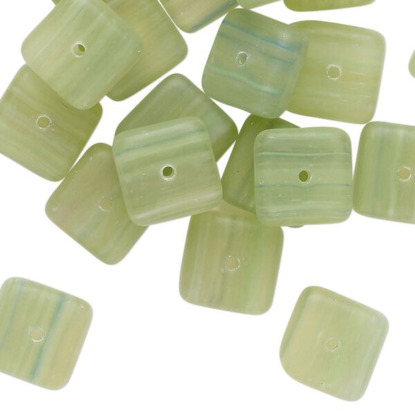 Bead, Czech pressed glass, translucent frosted green, 11x5mm square rondelle. Sold per 1-ounce pkg, approximately 25 beads. image number 0