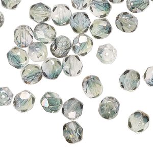 Bead 1pkg60 Czech fire-polished glass, green and grey luster, 6mm faceted round.