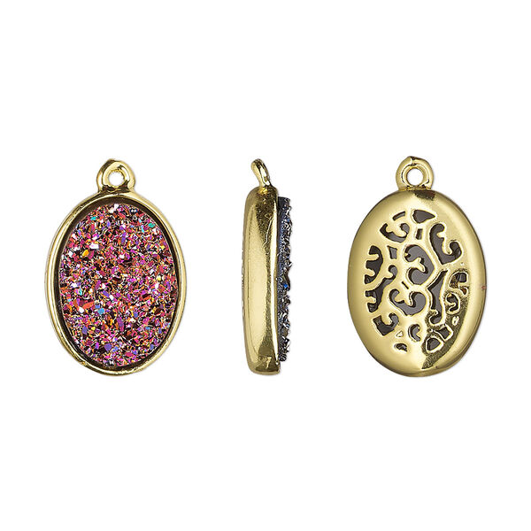 Drop, Druzylite™, "druzy" (resin) and gold-finished brass, metallic purple, 15.5x11.5mm two-sided oval with open filigree back. Sold per pkg of 4. image number 0
