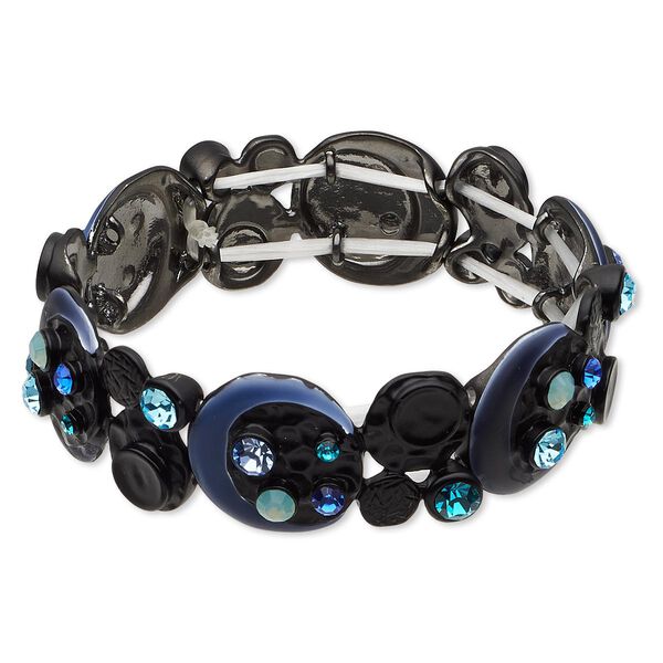 Bracelet, stretch, Czech glass rhinestone / epoxy / gunmetal-finished "pewter" (zinc-based alloy), multicolored, 20mm wide with flat round and painted design, 7 inches. Sold individually. image number 0