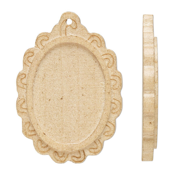 Focal, Japanese pagoda wood (natural), tan, 39x27mm single-sided top-drilled oval with 25x18mm non-calibrated oval glue-in setting. Sold per pkg of 8. image number 0