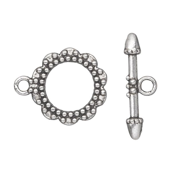 Clasp toggle 1pkg10 silver-plated "pewter" (zinc alloy), 20mm double-sided round, antique 1-strand image number 0
