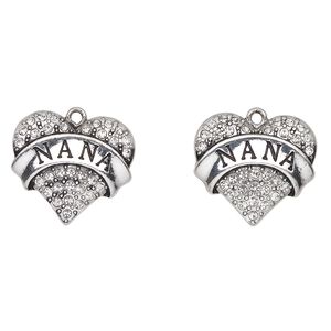 Charm, antique silver-finished enamel "pewter" (zinc-based alloy) and glass, clear and black, 24x23mm heart with "Nana". Sold per pkg of 2.