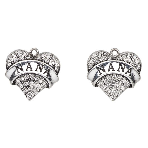 Charm, antique silver-finished enamel "pewter" (zinc-based alloy) and glass, clear and black, 24x23mm heart with "Nana". Sold per pkg of 2. image number 0