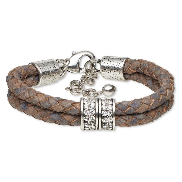 Bracelet, 2-strand, leather (dyed) / Czech glass rhinestone / antique silver-plated steel / "pewter" (zinc-based alloy), blue and clear, 11mm wide braided with 14mm rondelle, 7 inches with 1-1/2 inch extender chain and lobster claw clasp. Sold individually. image number 0