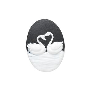 Cabochon, acrylic, black and white, 25x18mm non-calibrated oval cameo with swans. Sold individually.