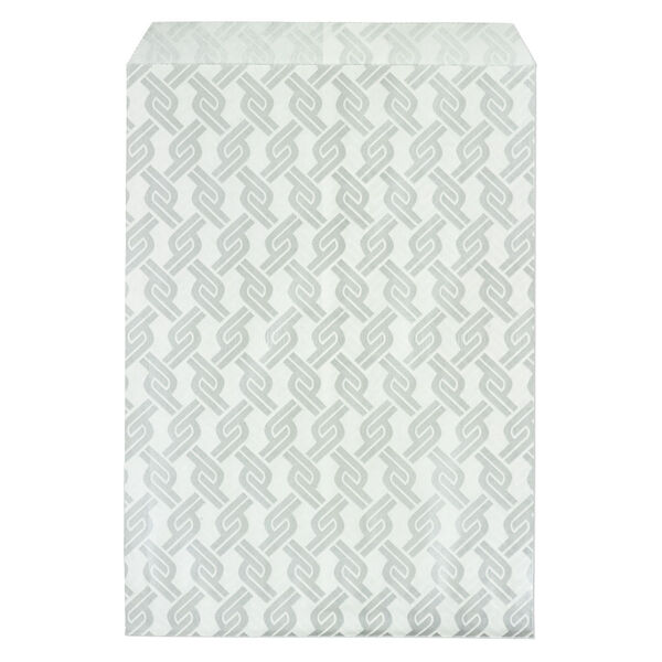 Bag, paper, white and silver, 7x5 inch rectangle with chainlink-print and scalloped top edge. Sold per pkg of 100. image number 0