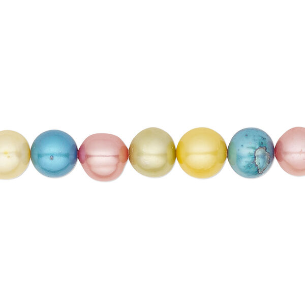 Pearl, cultured freshwater (dyed), summer colors, 7-8mm semi-round, C- grade, Mohs hardness 2-1/2 to 4. Sold per 15-1/2" to 16" strand. image number 0