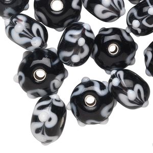 Bead, lampworked glass, black and white, 13x9mm bumpy rondelle with swirl pattern. Sold per pkg of 24.