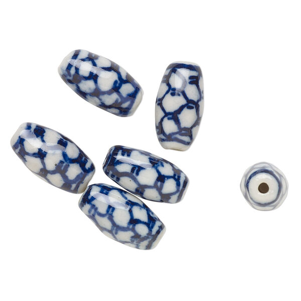 Bead, porcelain, blue and white, 15x8mm-16x9mm oval with scale design. Sold per pkg of 6. image number 0