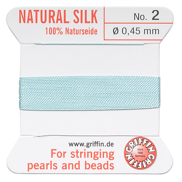 Thread, Griffin, silk, turquoise blue, size #2. Sold per 2-meter card (approximately 78 inches). image number 0