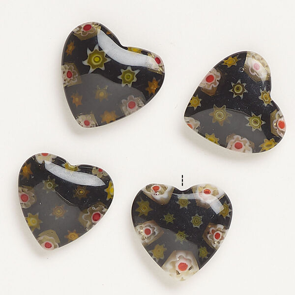 Bead, millefiori glass, opaque black and multicolored, 18-20mm half-drilled puffed heart. Sold per pkg of 4. image number 0