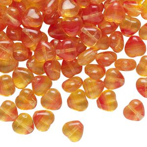 Bead, pressed glass, translucent red and yellow, 7x6mm puffed heart. Sold per 1-ounce pkg, approximately 130 beads.