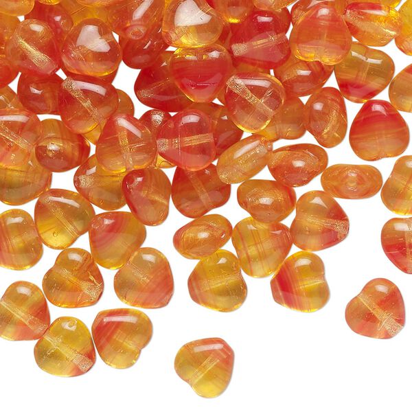 Bead, pressed glass, translucent red and yellow, 7x6mm puffed heart. Sold per 1-ounce pkg, approximately 130 beads. image number 0