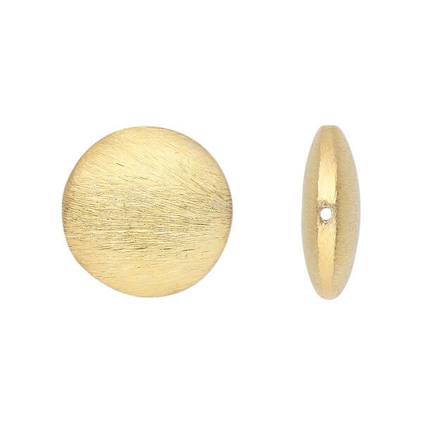 Bead, gold-finished brass, 18x6mm brushed puffed flat round. Sold per pkg of 2. image number 0