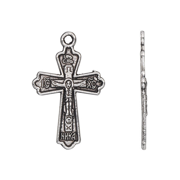 Drop, antique silver-plated "pewter" (zinc-based alloy), 26x18mm single-sided crucifix. Sold per pkg of 10. image number 0