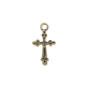 Drop, antique brass-plated "pewter" (zinc-based alloy), 17x11mm cross. Sold per pkg of 10.