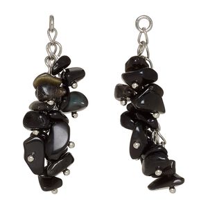 Black obsidian / carbon steel 1pkg2, silver-finished cluster natural 48x14mm / 5mm open jump ring