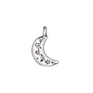 Charm, antique silver-plated "pewter" (zinc-based alloy), 15x11mm double-sided moon with moon and star design. Sold per pkg of 20.