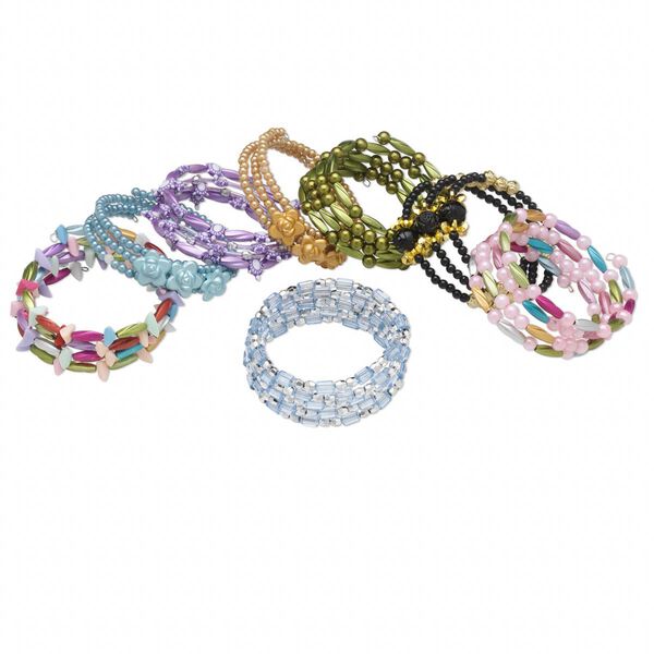 Bracelet mix, acrylic / glass / resin / steel memory wire, multicolored, mixed size and shape, adjustable from 6-1/2 to 8 inches. Sold per pkg of 8. image number 0