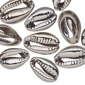 Component, electroplated cowrie shell, gunmetal, 16x11mm-19x12mm hand-cut cowrie, Mohs hardness 3-1/2. Sold per pkg of 10.