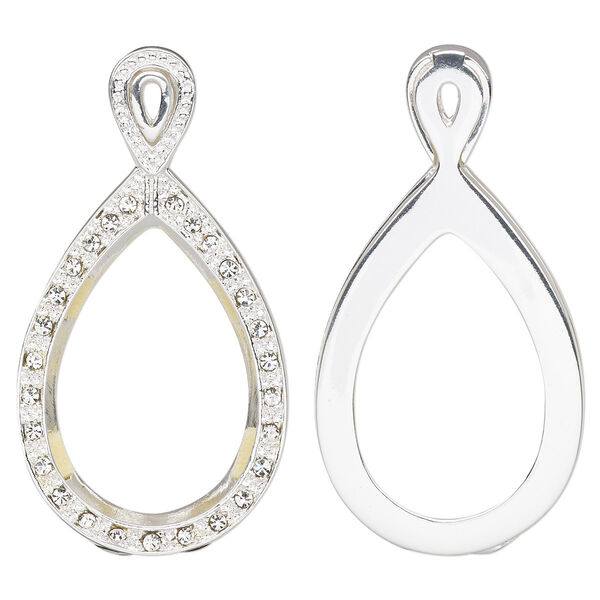 Pendant, Almost Instant Jewelry®, silver-plated brass / crystal / rubber, crystal clear, 46x24.5mm single-sided hinged pear with 30x20mm pear setting. Sold individually. image number 0