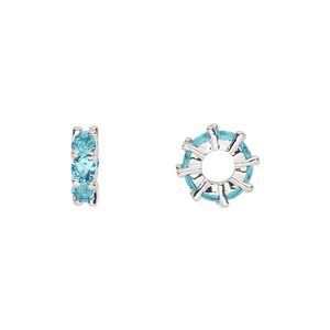 Bead, cubic zirconia and silver-plated brass, aqua, 10.5x3.5mm rondelle. Sold per pkg of 2.