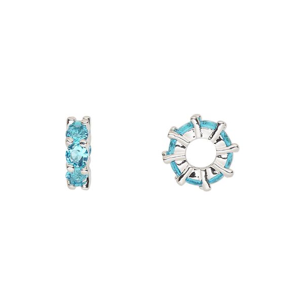 Bead, cubic zirconia and silver-plated brass, aqua, 10.5x3.5mm rondelle. Sold per pkg of 2. image number 0