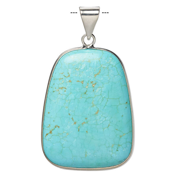 Pendant, magnesite (dyed / stabilized) and imitation rhodium-plated brass, blue, 36x27mm double-sided trapezoid, B grade, Mohs hardness 3-1/2 to 4. Sold individually. image number 0