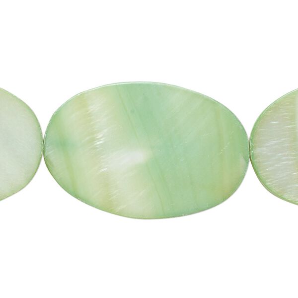 Bead, mother-of-pearl shell (dyed), spring green, 30x20mm flat oval with 0.6-0.8mm hole, Mohs hardness 3-1/2. Sold per 15-inch strand. image number 0