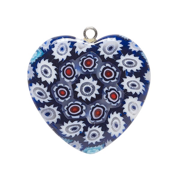 Focal, millefiori glass and silver-finished steel 1pkg1, translucent cobalt blue and multicolored, 29-30mm puffed heart. image number 0