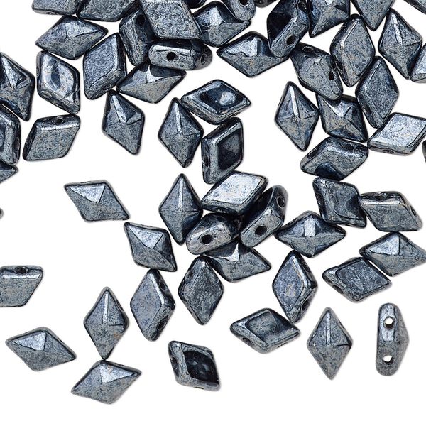 Bead, DiamonDuo™, Czech pressed glass, opaque jet hematite, 8x5mm faceted diamond with flat back and (2) 0.7-0.8mm holes. Sold per 10-gram pkg, approximately 70 beads. image number 0