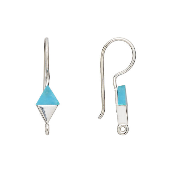 Ear wire, "turquoise" (resin) (imitation) and sterling silver, blue, 24mm fishhook with 10x6mm hand-cut diamond and closed loop, 19 gauge. Sold per pair. image number 0