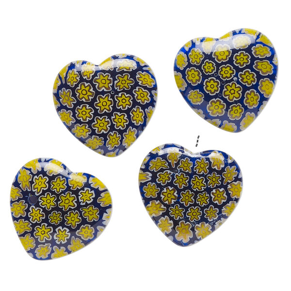 Bead, millefiori glass, translucent multicolored, 18-20mm half-drilled puffed heart with flower design. Sold per pkg of 4. image number 0