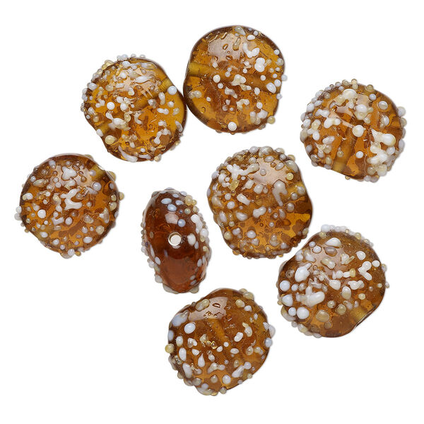 Bead, lampworked glass, translucent brown and white, 18x11mm bumpy flat round. Sold per pkg of 8. image number 0